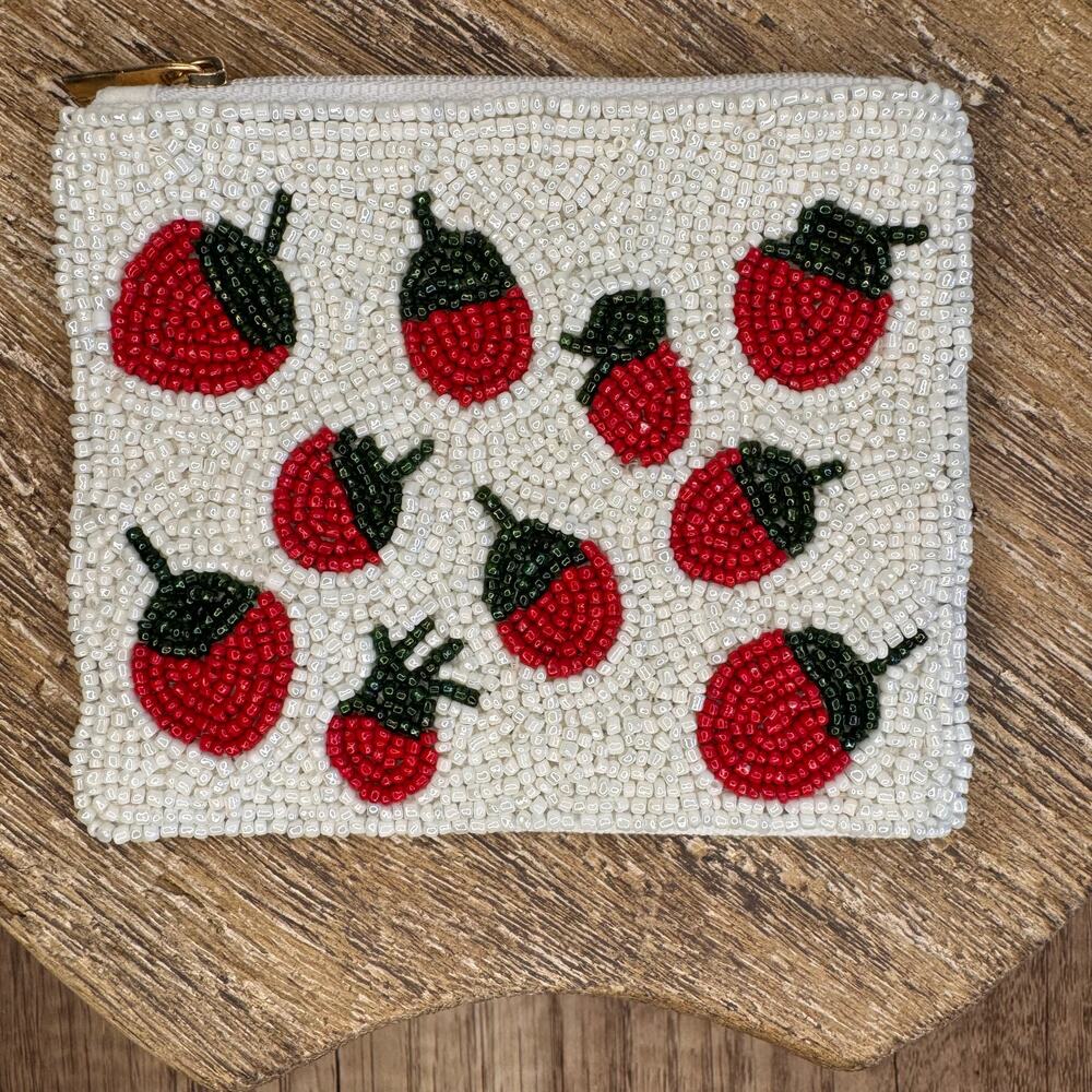 Beaded Coin Purse Tomato Strawberry Red Wallet Travel Pouch Womens Accessories